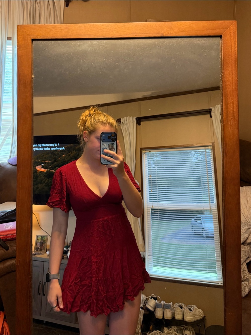 B Darlin Women's Burgundy V-Neck Ruffle Mini Dress